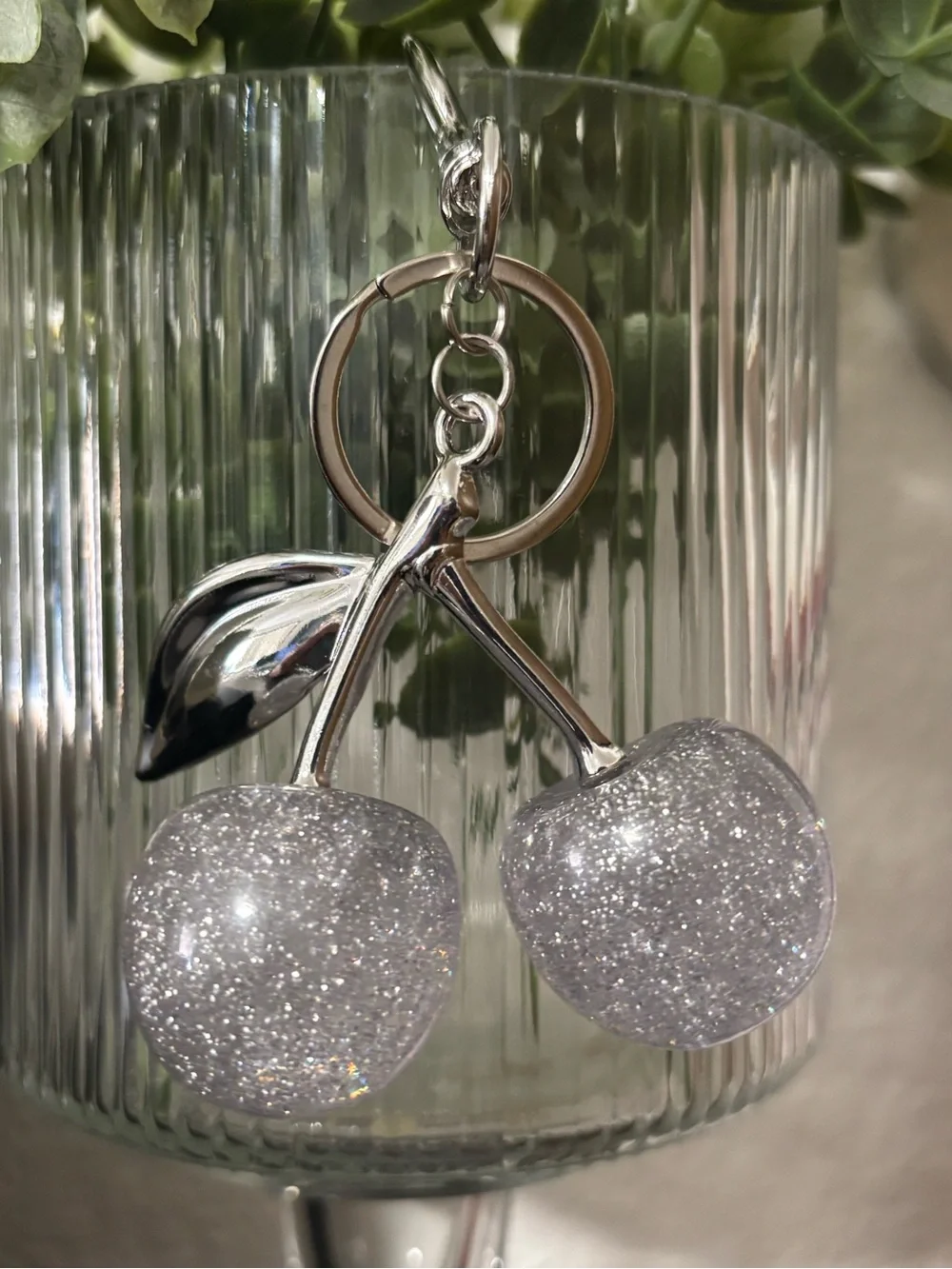 Silver Glitter Cherry Bag Charm / Keychain